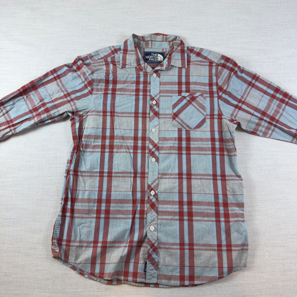 The North Face Mens Large Plaid Button Down Shirt Long Sleeve Red Blue Heritage